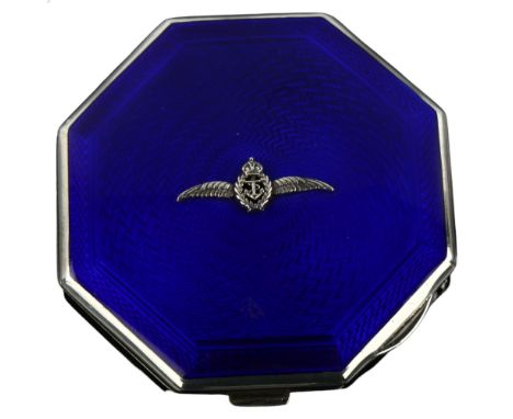 An Art Deco George VI octagonal silver compact, blue guilloche enamel lid with applied Fleet Air Arm emblem and engine turned