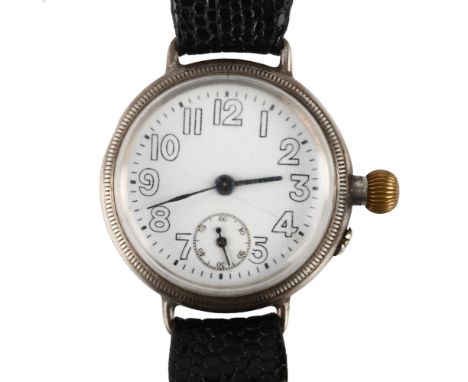 An early 20th century Borgel Officer's trench mechanical wristwatch, white enamel dial with Arabic numerals, subsidiary secon