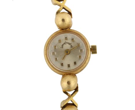 LANE CRAWFORD - a lady's 18ct gold mechanical bracelet watch, silvered dial with gilt block hour markers and textured 18ct cr