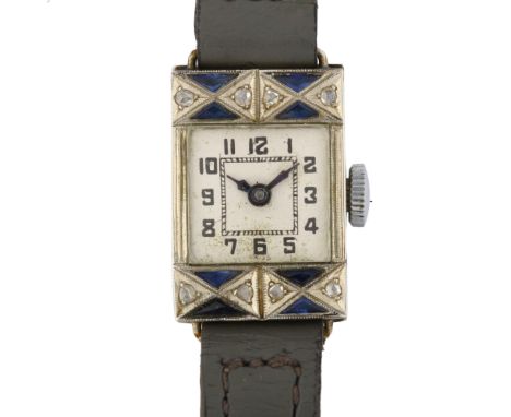 A lady's Art Deco 18ct white gold sapphire and diamond mechanical cocktail wristwatch, silvered dial with Arabic numerals and