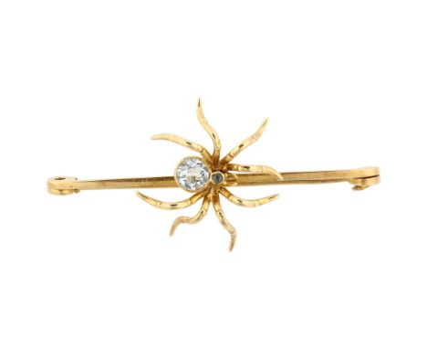 A large 19th century 15ct gold aquamarine figural spider bar brooch, set with round-cut aqua, brooch length 63.3mm, 8.5gNo da
