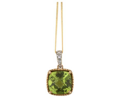 A modern 9ct gold peridot and diamond pendant necklace, on 9ct fine curb link chain, pendant height 15.7mm, chain length 40cm
