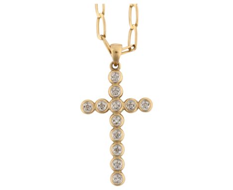 A 9ct gold diamond cross pendant necklace, on 9ct flat long curb link chain, pendant height 38.2mm, chain length 48cm, 7.8gNo