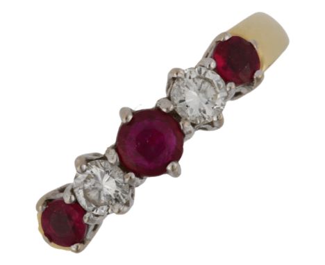 A modern 18ct gold graduated five stone ruby and diamond ring, set with round-cut rubies and modern round brilliant-cut diamo