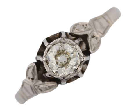 An Art Deco 18ct white gold 0.4ct solitaire diamond ring, cage set with old-cut diamond and floral shoulders, colour approx J