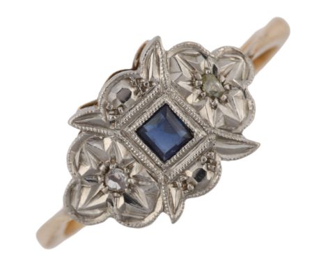 An Art Deco 9ct gold sapphire and diamond panel ring, set with square-cut sapphire and rose-cut diamonds, setting height 8.9m