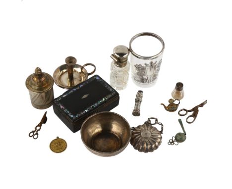 Various silver and plate, including miniature silver chamberstick, scent bottle etcLot sold as seen unless specific item(s) r