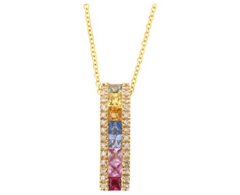 EFFY - an American 14ct gold vari-hue sapphire and diamond Watercolors pendant necklace, set with Princess-cut sapphires and 