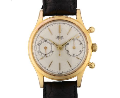 HEUER - a Vintage gold plated stainless steel mechanical chronograph wristwatch, silvered dial with gilt tapered baton hour m