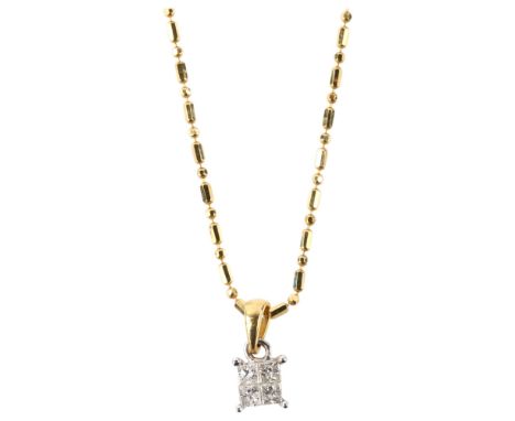 A modern 18ct gold Princess diamond cluster pendant necklace, on 18ct fine fancy link chain, total diamond content approx 0.2