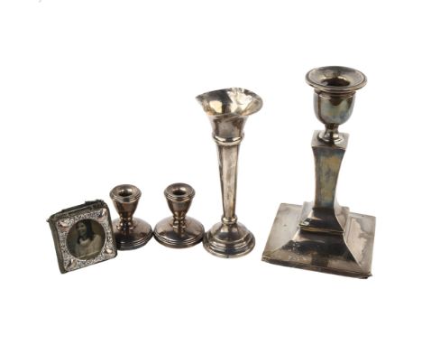 Various silver, including table candlestick, pair of miniature taper stick holders etc, largest height 15cmLot sold as seen u