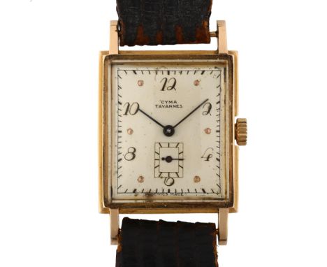 CYMA - an Art Deco Swiss 18ct gold mechanical wristwatch, silvered dial with eighthly Arabic numerals, blued steel hands and 