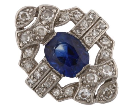 An Art Deco platinum sapphire and diamond panel ring, geometric design set with oval mixed-cut sapphire and single-cut diamon