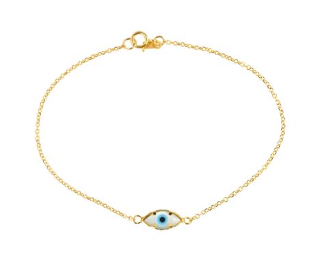 A 14ct gold mother-of-pearl eye bracelet, with fine cable link chain, bracelet length 18cm, 0.9gNo damage or repairs, no brok