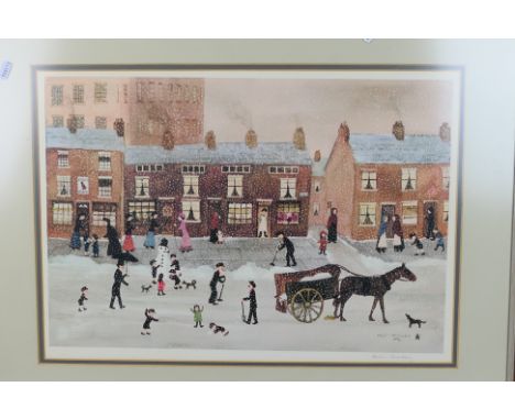 A Helen Bradley pencil signed print, Snowman, signed lower right and with blind stamp, mounted and framed under glass, approx