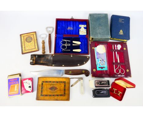 A mixed lot of collectables to include a Bowie type knife, boxed Halina Micro 110 miniature camera, silver and mother of pear