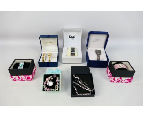 A collection of boxed wrist watches to include Rotary, D&G, Sekonda and other. [W]