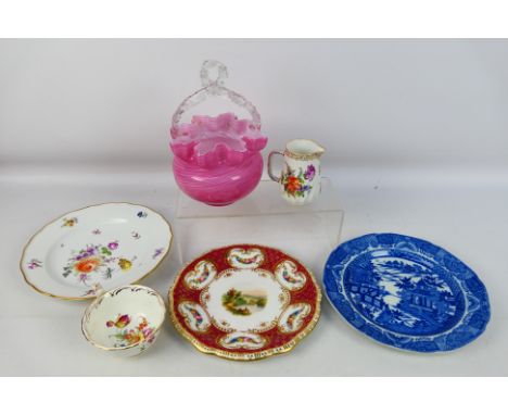 Ceramics to include a Meissen dish, blue and white plate and other, also included in the lot is a Nailsea style basket. [W]