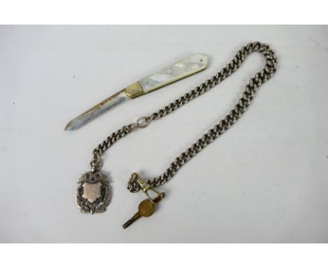 A silver watch chain, 35 cm (l) and fob with No5 pocket watch key and a silver and mother of pearl folding knife, Sheffield a