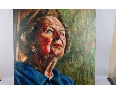 A large canvas print after Lorna May Wadsworth depicting Baroness Margaret Thatcher, approximately 91 cm x 91 cm. [W]