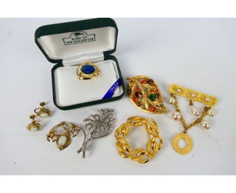 An attractive set of 12k gold filled and faux opal jewellery comprising brooch and ear clips and a further quantity of costum