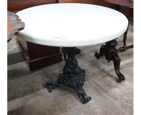 A Victorian style circular cast iron and reconstituted marble top occasional table, diameter 75cm, height 84cm