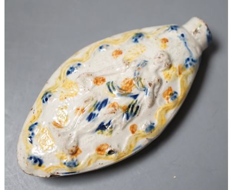 A late 18th century Prattware scent flask with figural decoration, c.1790-1800. 9cm long