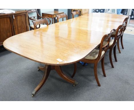 A George IV mahogany triple pedestal extending dining table, length 341cm extended, two spare leaves, width 124cm, height 70c