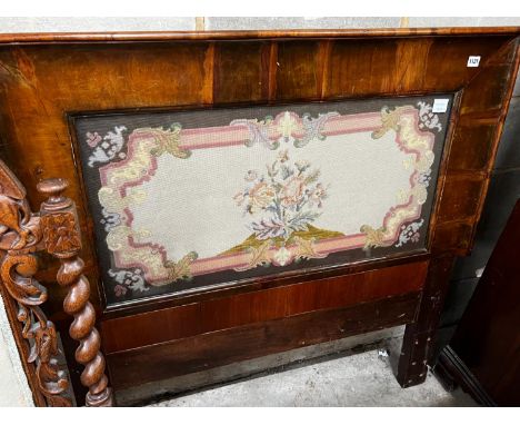 A Victorian rectangular walnut framed headboard with a floral tapestry panel, height 113cm