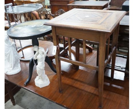An early 20th century parquetry inlaid square occasional table and a Victorian and later painted tripod table, larger width 5