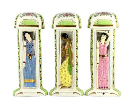Three Limoges for Maison Duchaussy Art Deco ceramic 'Three Continents' perfume burners, 42cms high one with original ceramic 