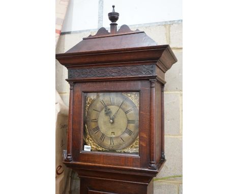 A George III oak 30 hour longcase clock, brass dial marked Amos Kelsall, Hereford, height 220cms.