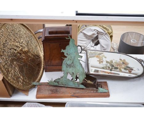 A child’s chair, cabinet, a brass tray and sculptural weather vane