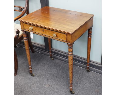 A George IV mahogany writing table with frieze drawer on turned legs, width 61cm, depth 45cm, height 73cm