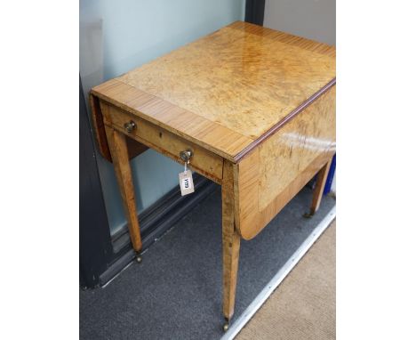 A George III burr elm and tulipwood banded mahogany Pembroke table with frieze drawer, width 105cm extended, depth 68cm, heig