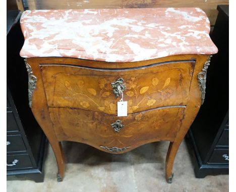 A Louis XVI style marquetry inlaid gilt metal mounted marble top bombe commode, width 83cm, depth 44cm, height 84cm