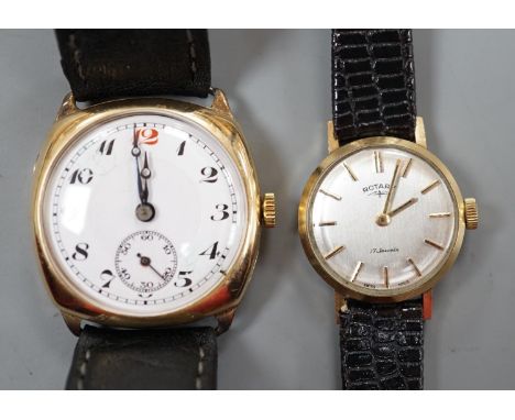 A gentleman's 1930's 9ct gold manual wind wrist watch, with Arabic dial and subsidiary seconds, together with a lady's yellow