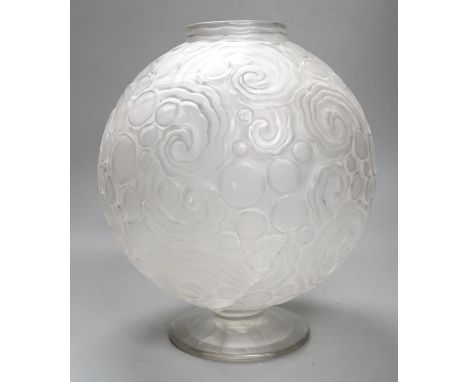 A Sabino etched glass globular vase / table lamp, signed Sabino, France, stem glued, cracked, Height 31cm