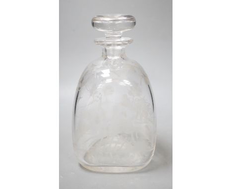 Hunting interest - A Victorian wheel engraved triangular glass decanter, and stopper. 22cm tall