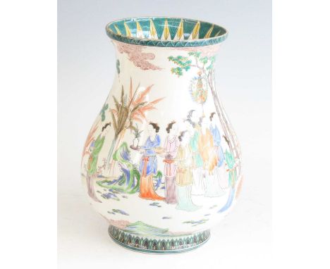 A Chinese famille verte porcelain vase, 19th century, of baluster form, enamel decorated with figures within a garden, marked