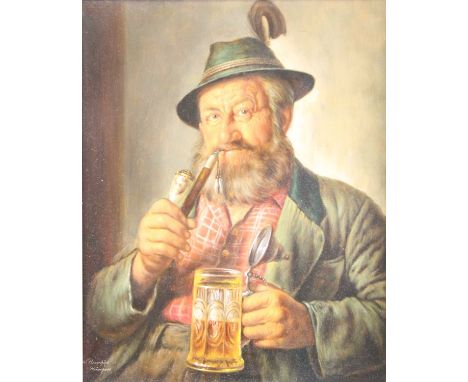 Walther Purschke (German 1924-2011) - A man wearing a hat with a feather and enjoying a pipe and stein of beer, oil on panel,