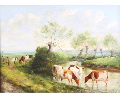 William Sidney Cooper (1854-1927) - Cattle watering in a river landscape, oil on canvas (re-lined), 60 x 83cmCanvas relined, 