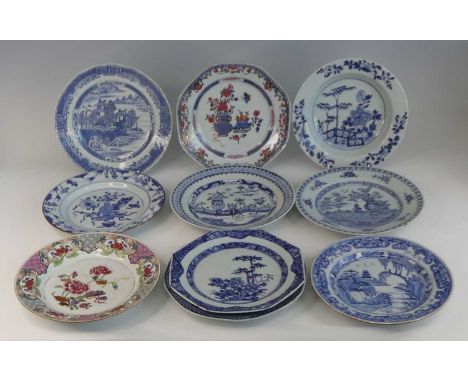 A collection of 18th century Chinese export porcelain plates and dishes, to include enamel decorated and blue and white examp