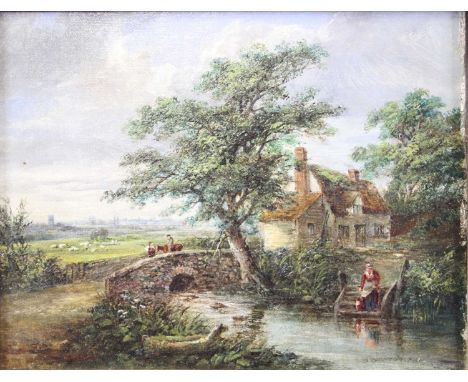 Robert Burrows (1810-1883) - Extensive landscape with figures on a stone bridge, oil on canvas, signed lower right, 18 x 23cm