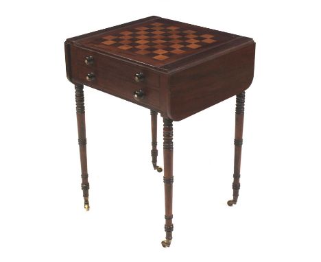 A Regency mahogany games table, having a sliding chessboard top, opening to reveal a baize lined backgammon interior, all abo