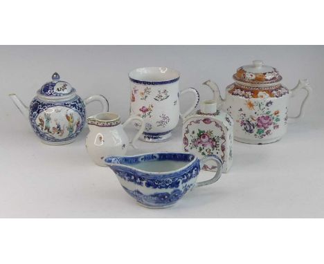 A collection of 18th century Chinese export porcelain, to include a blue and white teapot, of bullet form, enamel decorated w