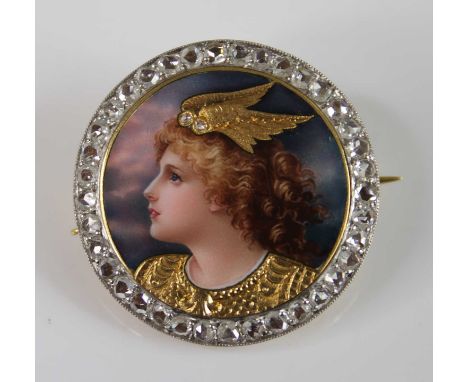 Plojoux of Geneve - an early 20th century yellow metal, enamel and diamond circular brooch, the central ground finely enamel 