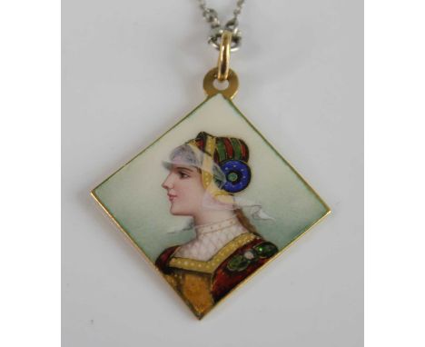 An early 20th century yellow metal and enamel lozenge pendant, finely decorated in bright enamels with a profile portrait of 