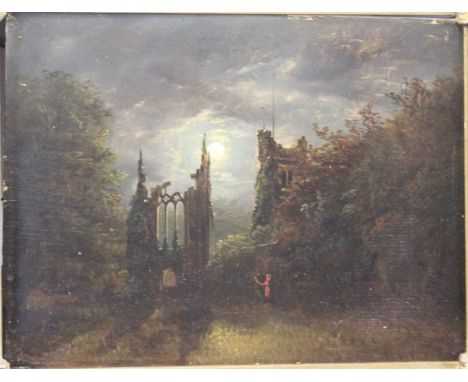 After Sebastian Pether (1790-1844) - Figures by church ruins in moonlight, oil on panel, 23 x 30cmPanel good, no splits. Pain