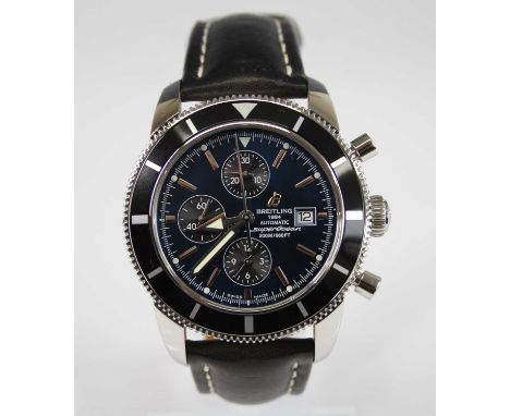 A Gents stainless steel Breitling Superocean Heritage Chronograph writwatch, with blue baton dial and subsidiary dials at 12,